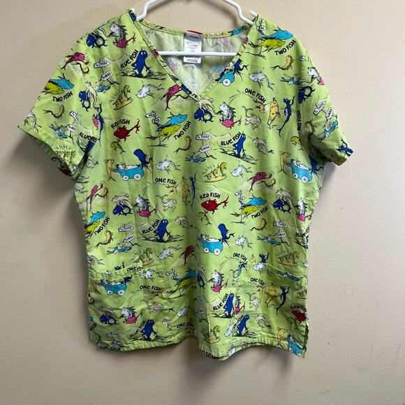 Dr Seuss One Fish 2 Fish Green Scrub Top Size Large EUC - Picture 1 of 8